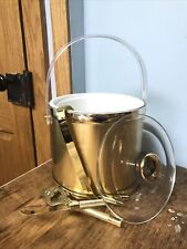 Vintage CULVER Ice Bucket Brushed Gold Body Acrylic Handle and Lid W/ Tongs