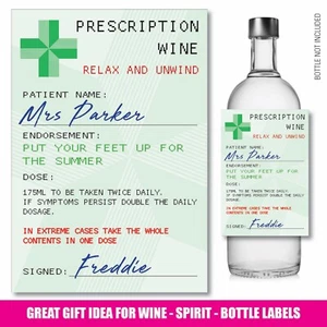Personalised Prescription WINE VODKA GIN bottle label School Teacher gift 150 - Picture 1 of 6