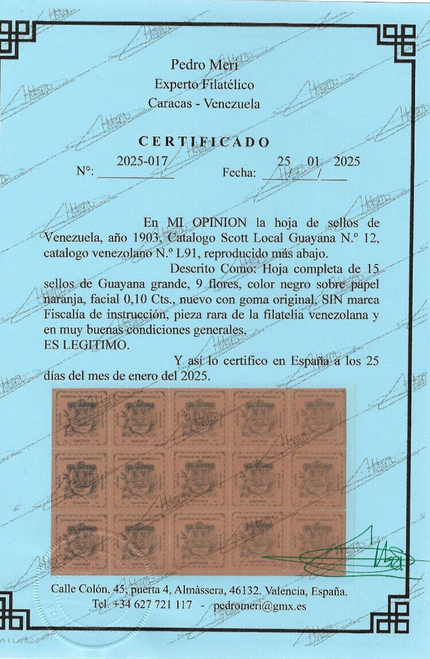 Venezuela: 1903; Scott local Guayana 12, hoja completa, MNH, RRR, EBV255 Foto 1 de 3