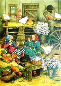 Cartolina Due Vecchie Dame Uova di Pasqua Quadro Pollaio Divertente Inge Look Finlandia - Foto 1 di 1
