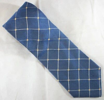 TOMMY HILFIGER Blue, Gray & Gold Lattice Check Silk Neck Tie 57" L x 4" W (E949) - Image 1 of 3
