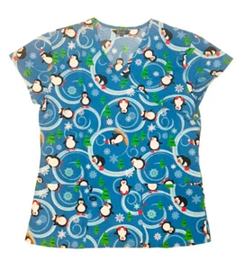 Womens Fashion Medical Nursing Scrub Tops Printed Blue Base Penguin XL - Picture 1 of 2