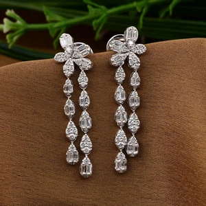 1.30 Ct Natural SI/H Baguette Diamond Dangle Drop Earrings 18k White Solid Gold - Picture 1 of 8