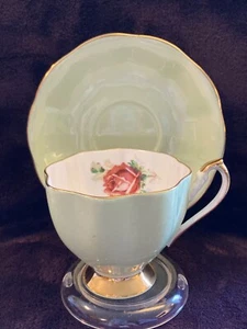 Vintage Queen Anne Teacup & Saucer- Mint Green w/ Rosebud &Scalloped edges - Picture 1 of 7