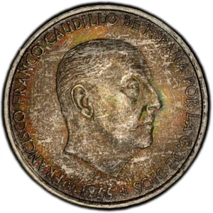 MS66+ 1966 Spain Silver 100 Pesetas, PCGS Trueview- Rainbow Toned SOLO Top Pop! - Picture 1 of 6