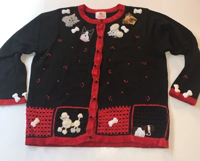 The Quacker Factory Sweater Cardigan Dog Embellished Whimsical Black Red Sz 1x - Image 1 of 4