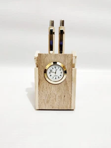 Handmade Wooden Pen Holder with Working Clock & 2 Wooden Pens For Christmas Gift - Picture 1 of 9