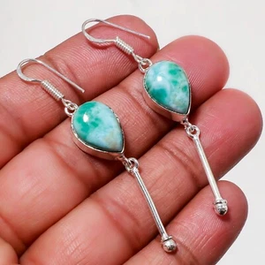 Dominican Republic Larimar Gemstone Handmade Ethnic Jewelry Earring 2.10" - Picture 1 of 2