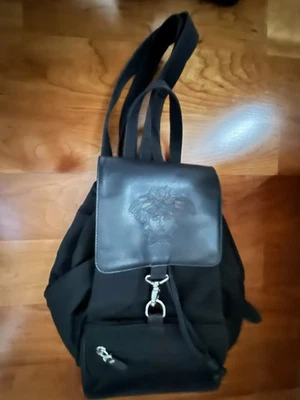 VTG Gianni Versace Medusa Embossed Leather Nylon Backpack Black & Dust Bag Italy - Image 1 of 4