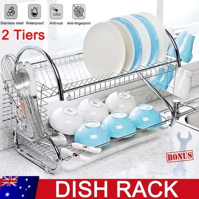 2 Tier Dish Rack Drying Drainer Cup Holder Cutlery Tray Kitchen Organiser iron - image 1 of 4
