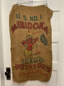 Antique US NO 1 Minidoka Indian Brand Idaho Potatoes 100 LB Feed Sack Burlap - Picture 1 of 4