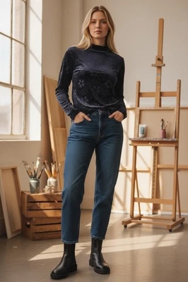 Top de cuello alto de terciopelo aplastado 1.State mediano negro floral boho bruja Foto 1 de 4