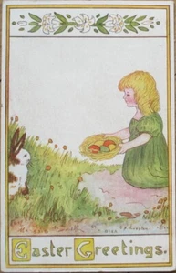 C B Thurston Artist Signe 1915 Easter Postcard, Little Girl, Rabbit, Egg Basket - Picture 1 of 1