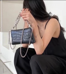 leather Faux crocodile Cross-body handbag w/ Silver Chain & Hardware Gothic Punk - Picture 1 of 10