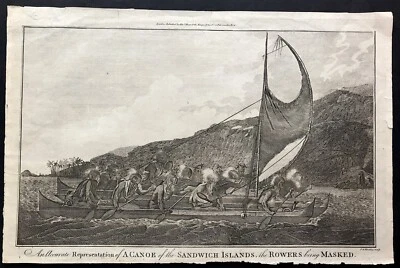 Hawaii Sandwichinseln maskierte Kanu Ruderer 1780 Voyages of Captain Cook  - Bild 1 von 2