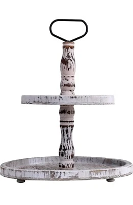 Bandeja de madera rústica de 12,7" de 2 niveles soporte redondo granja cocina mesa de comedor decoración Foto 1 de 4