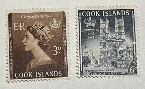 1953 COOK ISLANDS MINT MH SET OF 2 CORONATION STAMPS QUEEN ELIZABETH II Cover