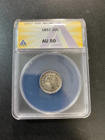 1857 SEATED LIBERTY DIME ANACS AU-50 - ABOUT UNCIRCULATED - CERTIFIED SLAB - 10C Cover