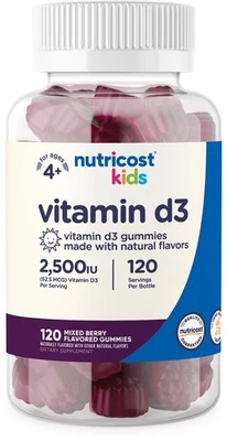 Nutricost Kids Vitamin D3 Gummies 2,500 IU (62.5mcg), 120 Gummies, Mixed Berry - Image 1 of 4