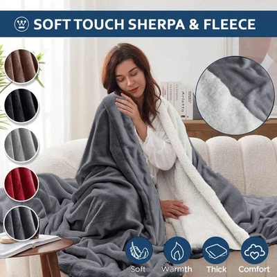 Soft Sherpa Fleece Blankets Throw Reversible Thick Plush Bed Blankets Twin Queen - Image 1 of 4