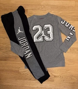 Nike Jordan Boys 2pc Shirt Sweatpants Outfit Set Size M Medium 10/12 Grey Black - Picture 1 of 5