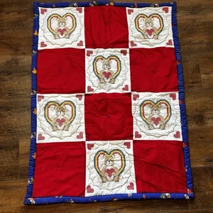 Baby Crib Quilt Tie Blanket Cross Stitch Bears Checkered Rainbows Hearts 38X 29 - Picture 1 of 19