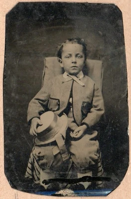 TINTYPE CDV SMALL BOY WITH STRAW BOATER HAT VICTORIAN FASHION #D4395 - Image 1 of 2