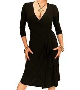New Elegant Slinky V Neck Wrap Dress - 3/4 Length Sleeve - Picture 1 of 22