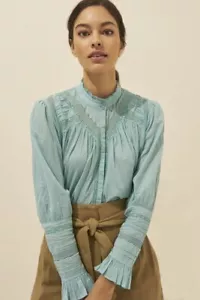 BA&SH Heiko Buttondown Blouse Shirt Top High Neck Cotton Ruffle Lace L 3 251545 - Picture 1 of 7