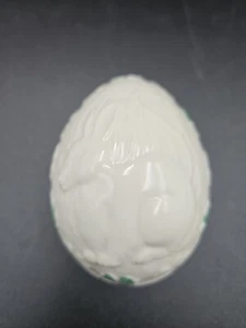 Vintage Belleek Egg Shaped Trinket Box With Embossed Bunny Rabbit Blue Mark - Picture 1 of 7