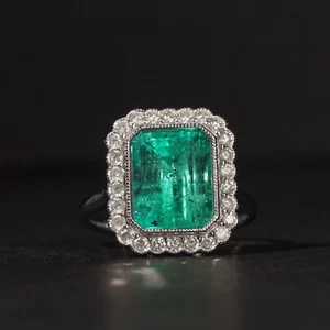 Emerald Cut 5.6ct Natural Colombian Emerald Diamond Halo Ring Platinum O / 7 - Picture 1 of 11