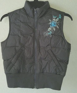 Warm Girl's OLD NAVY Sz XL Quilt Puffy Vest Charcoal Gray Hummingbird Floral Act - Picture 1 of 12