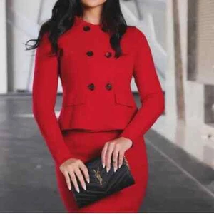 ZARA NEW RED 100% WOOL DOUBLE BREASTED BLAZER AND SKIRT SET SUIT 2 PIECE SIZE S - Picture 1 of 10