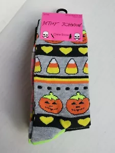 3 Pairs Betsey Johnson Halloween Candy Corn Pumpkins Solid Wm's Crew Socks - Picture 1 of 3