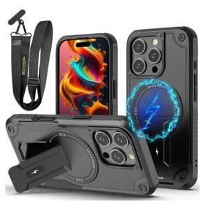 For iPhone 16e 16 Pro Max 15 14 13 12 11 Shockproof Stand Mag Safe Case w/Strap - Picture 1 of 26