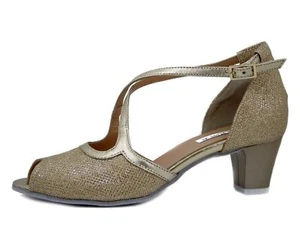 Scarpe Donna da Ballo Sandali Pelle Oro e Glitter Tacco Medio 5 cm Made in Italy - Picture 1 of 5