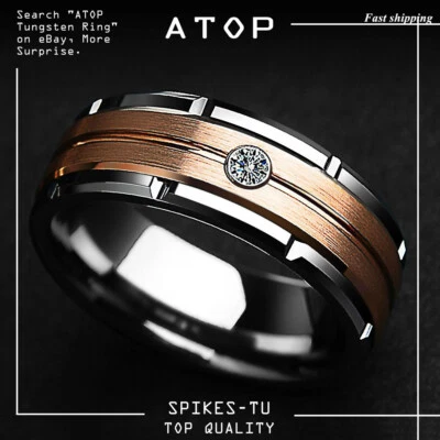 8 毫米银色钨戒指玫瑰金拉丝 CZ ATOP 男式结婚戒指 — 第 1/4 张图片