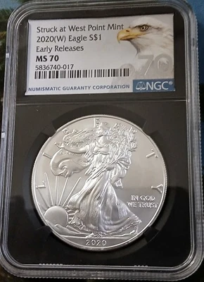 2020 American Eagle Silver Dollar  1 oz 999 Silver NGC MS70 Struck at West Point - Image 1 of 2