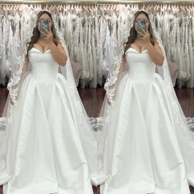 Simple Wedding Dresses V Neck A Line Satin Sweep Train Elegant Bridal Gown - Image 1 of 4