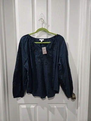 Blusa J.Jill Boho Terciopelo Bordado Flor; Pequeña Grande; Azul Nueva con Etiquetas Foto 1 de 4