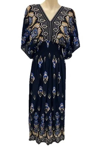 Valley Girl Maxi Dress Women One Size Blue Ethnic Print Shirred Elastic Waist - Picture 1 of 10