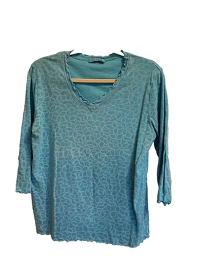 Fresh Produce 3/4 袖荷叶边下摆花卉印花上衣 100% 棉蓝色 L 码 — 第 1/2 张图片