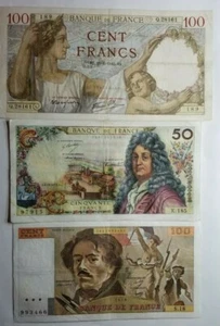 FRANCE SET OF 3 BANKNOTES 2 X 100 FRANCS AND 50 FRANCS 1942 - 1982 PRE EURO RARE - Picture 1 of 5