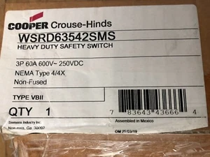 COOPER SAFETY SWITCH WSRD63542SMS HEAVY DUTY STAINLESS STEEL 3P 60A 600V-250VDC - Picture 1 of 3