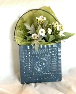 Embossed Blue Tin Wall Pocket w Flowers So Cute! - Picture 1 of 8
