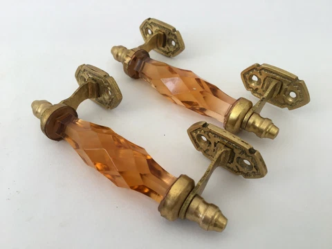 Vintage brass cobalt blue glass church art decor Victorian door handle pair Cover