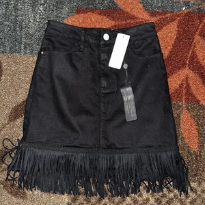Vintage BEBE Fringe Denim Mini skirt US Size 25 - Picture 1 of 3