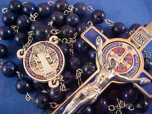 HUGE St BENEDICT ROSARY LAPIS LAZULI Saint Medal Large Crucifix Protection 8mm - Picture 1 of 11