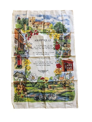 Vintage 100% Cotton  screenprint Souvenir Dish Towel "Happiness" by Lamont U.K. - Image 1 of 4