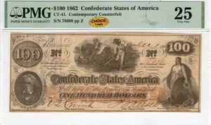 CT-41 315 1862 $100 Contemporary Counterfeit CSA Paper Money - PMG VF 25 CHOICE - Picture 1 of 3